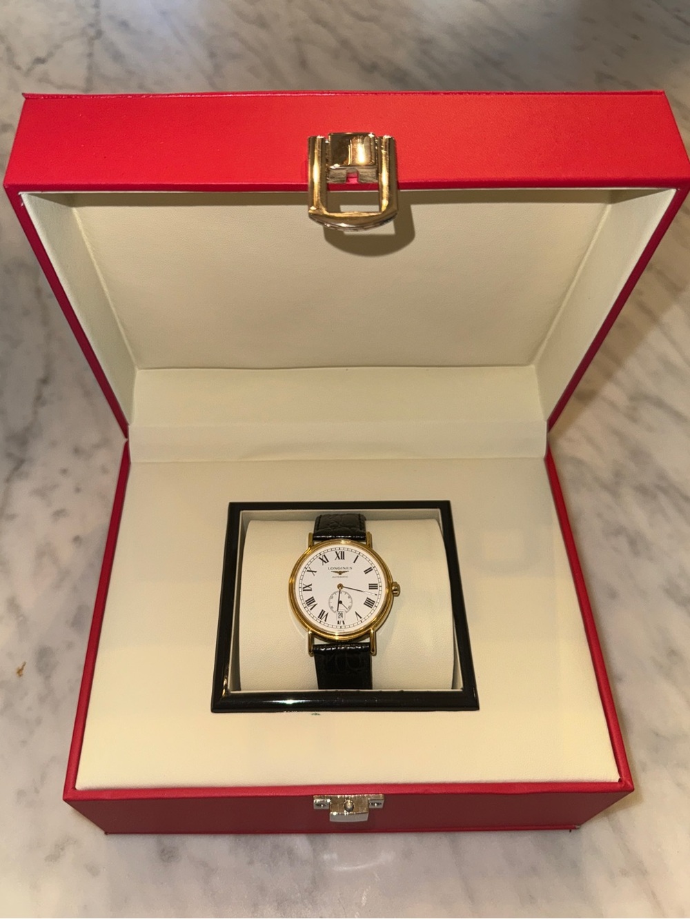 Longines Presence Automatic Yellow Gold PVD Black Leather Mens Watch